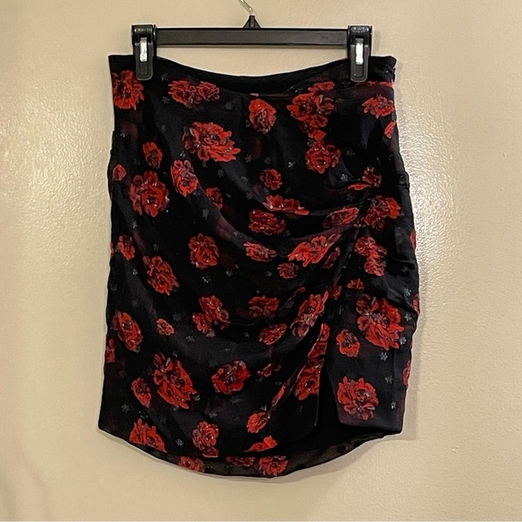 IRO Bootab Ruched Floral Print Fil Coupe Chiffon Mini Skirt in Black - Picture 7 of 11